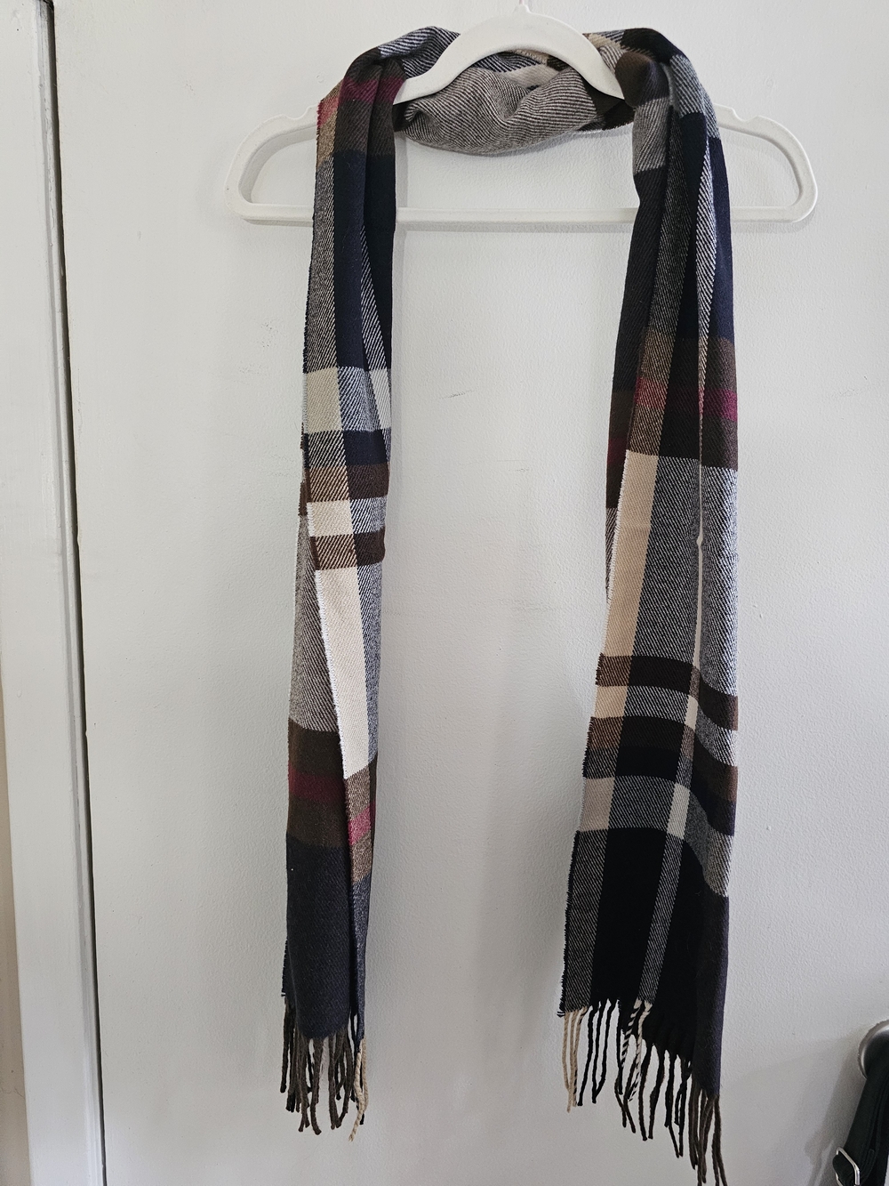 Plaid Wool-Blend Fringe Scarf in Navy, Cream & Brown - Picture 3 of 3